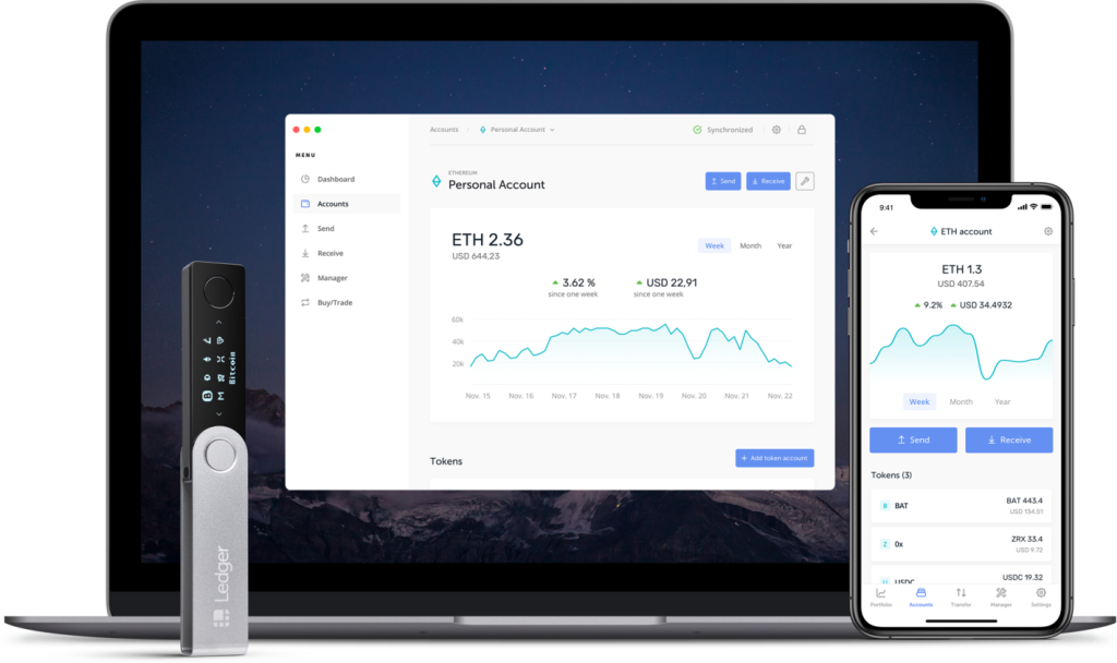 แอปพลิเคชัน Ledger Live แสดงหน้าจออินเทอร์เฟซกระเป๋าเงินดิจิทัล ยอดเงินรวมคริปโต บิตคอยน์ และอีเธอเรียม