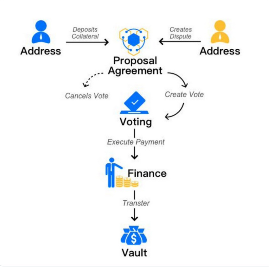 ไดอะแกรมแสดงขั้นตอนการยื่นข้อเสนอ Proposal Agreement การโหวต Voting และการโอนเงินเข้าคลัง Vault ของระบบ DAO