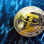 เหรียญทองคำจำลองสัญลักษณ์ Tether USDT วางบนพื้นหลังหน้าจอกราฟเทคนิคัลราคาหุ้นคริปโตสีน้ำเงิน